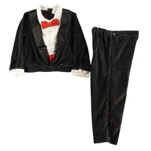 Vintage Toddler Tuxedo Suit Set 3T Black Velour Red Bow Tie Formal Costume